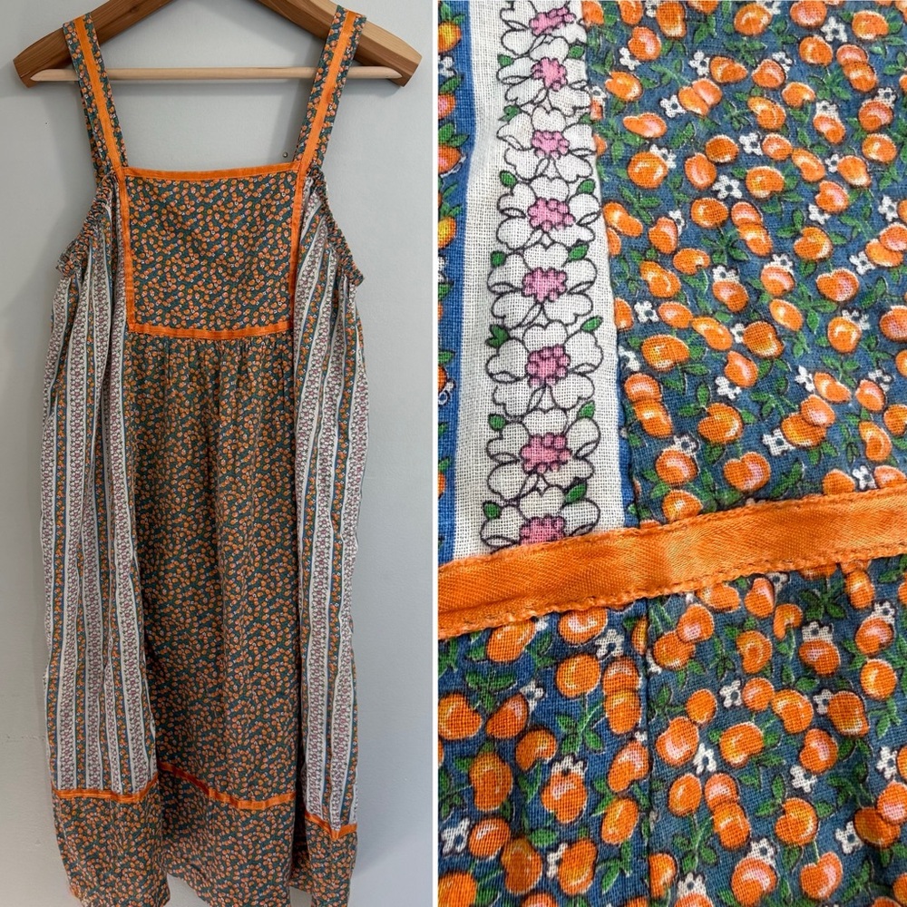 Vintage Gilead Peaches Oranges Cottagecore Tiered Midi Dress Square Neck